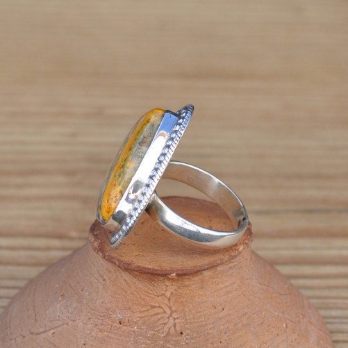 Belle bague goutte large en argent plat et Jaspe bourdon (jaune) T57