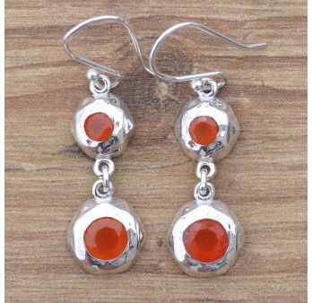 Boucles d'oreilles pendantes argent martelé et 2 pierres naturelles Cornaline (orange)