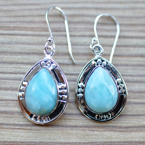 Boucles d'oreilles gouttes argent pierre en larimar