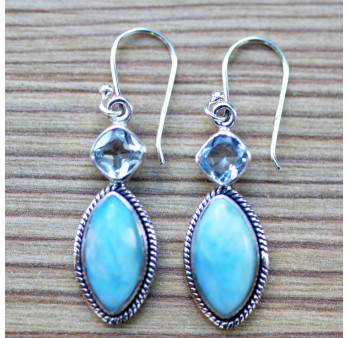 Boucles d'oreilles argent 2 pierres en larimar et topaze bleue