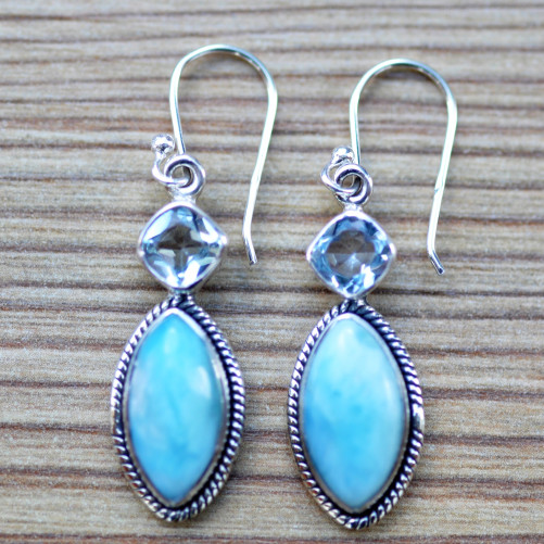Boucles d'oreilles argent 2 pierres en larimar et topaze bleue