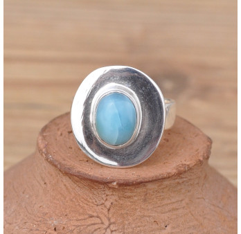 Petite bague ovale argent plat et pierre naturelle Larimar T50