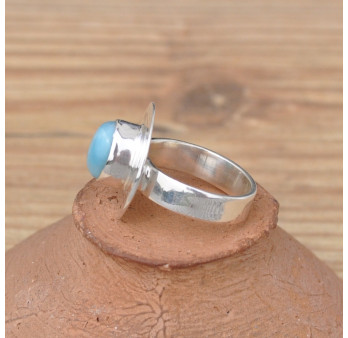 Petite bague ovale argent plat et pierre naturelle Larimar T50