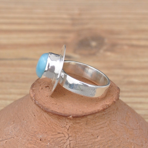 Petite bague ovale argent plat et pierre naturelle Larimar T50