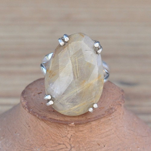 Bague poire argent et pierre griffée en Quartz rutile facettée (brun)