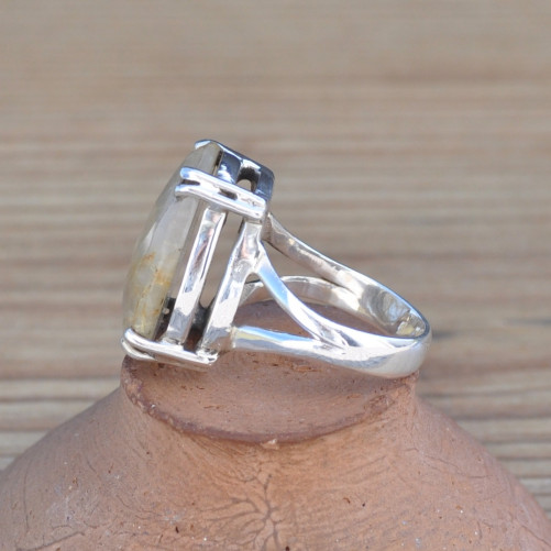 Bague poire argent et pierre griffée en Quartz rutile facettée (brun) T57