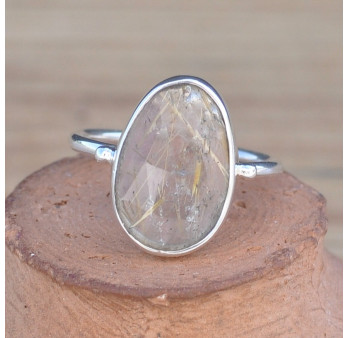 Petite bague en argent et pierre Quartz rutile facettée (brun)