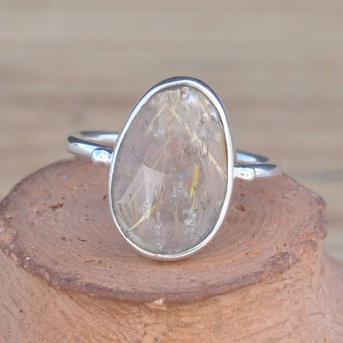 Petite bague en argent et pierre Quartz rutile facettée (brun)