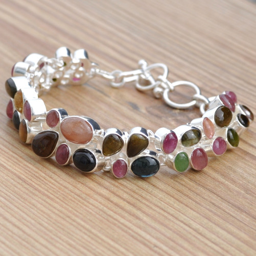 Magnifique bracelet 35 pierres Tourmaline serties d'argent (multicolore)