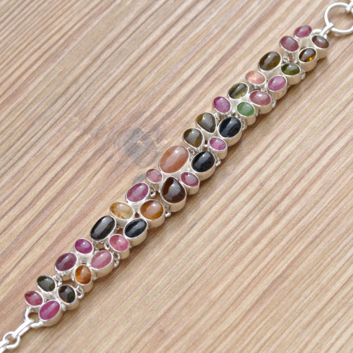 Magnifique bracelet 35 pierres Tourmaline serties d'argent (multicolore)