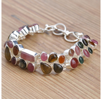 Magnifique bracelet 35 pierres Tourmaline multicolore serties d'argent