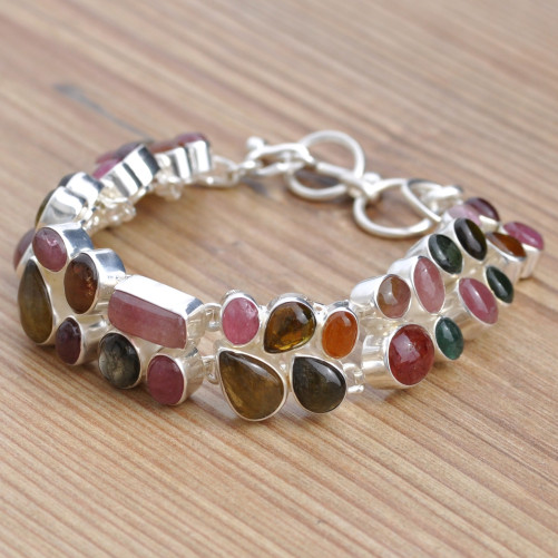 Magnifique bracelet 35 pierres Tourmaline multicolore serties d'argent
