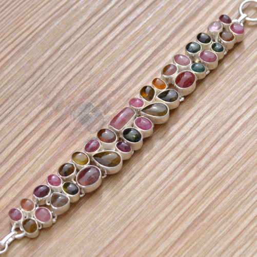 Magnifique bracelet 35 pierres Tourmaline multicolore serties d'argent