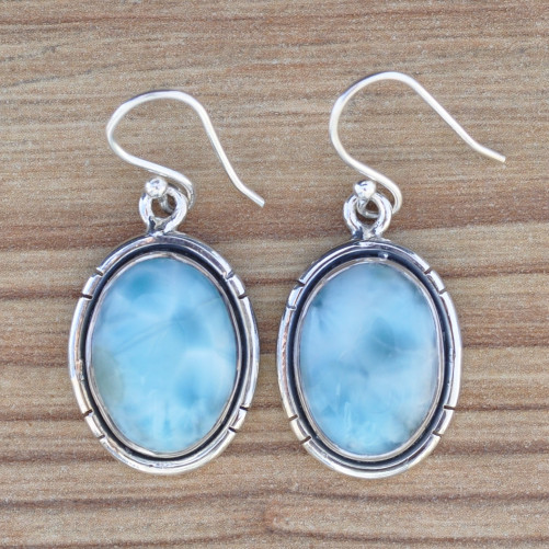 Boucles d'oreilles ovales Larimar et argent strié