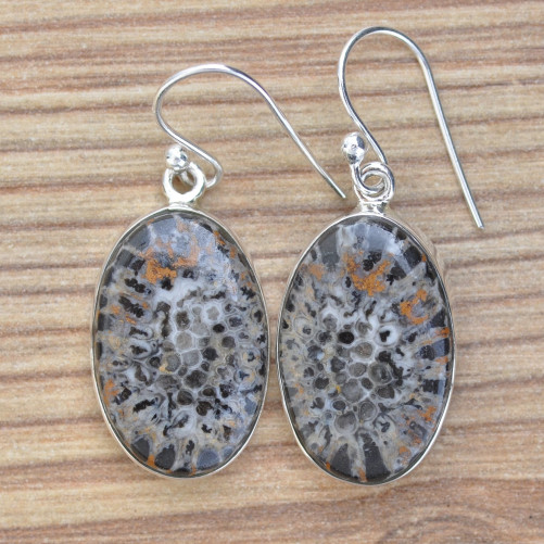 NEW ! Boucles d'oreilles ovales en argent et Corail tigré