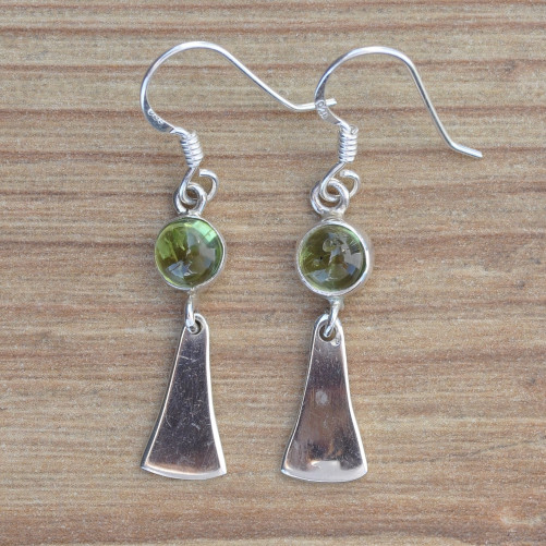 Boucles d'oreilles pendantes en pierre Péridot ronde et plaque en argent