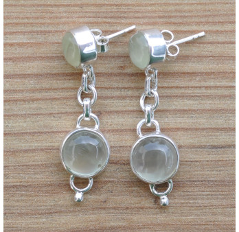 Boucles d'oreilles pendantes 2 pierres Prehnite sur argent