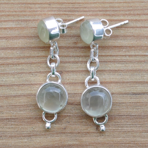 Boucles d'oreilles pendantes 2 pierres Prehnite sur argent