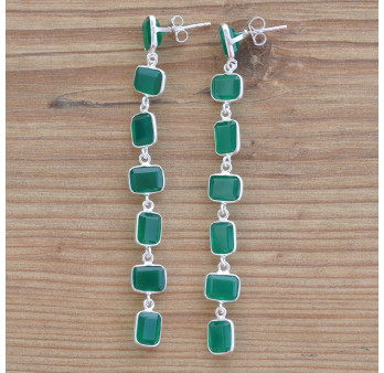 Longues boucles 7 pierres Agate verte rectangulaires et argent (vert)