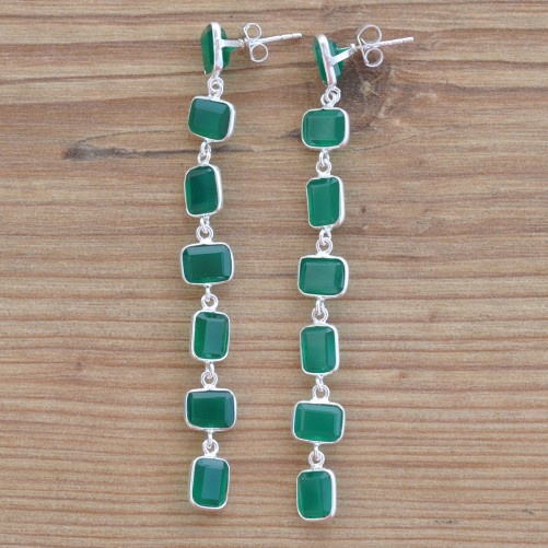 Longues boucles 7 pierres Agate verte rectangulaires et argent (vert)