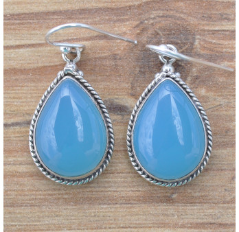 Boucles d'oreilles goutte argent strié et pierre en Calcédoine (bleu)