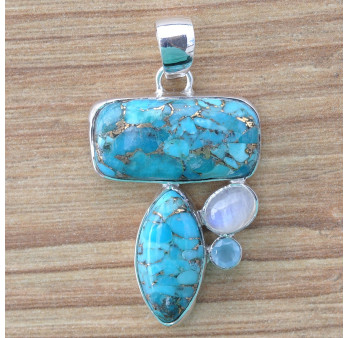 Pendentif argent 4 pierres en turquoise mohave pierre de lune et calcédoine