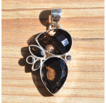 Pendentif argent 6 pierres facettées en quartz fumé