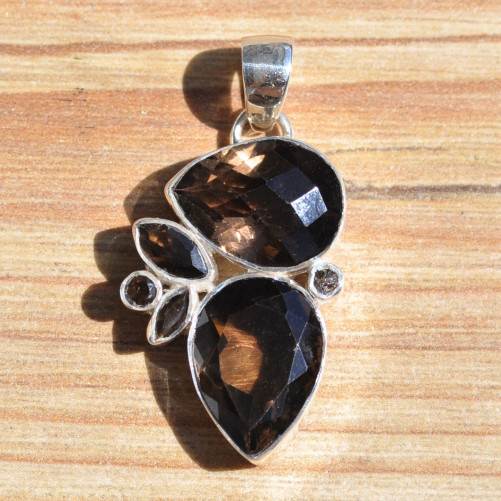 Pendentif argent 6 pierres facettées en quartz fumé