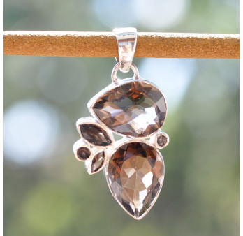 Pendentif argent 6 pierres facettées en quartz fumé