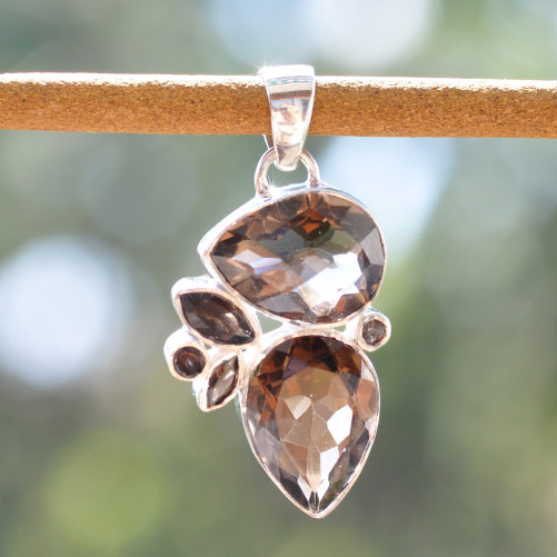 Pendentif argent 6 pierres facettées en quartz fumé