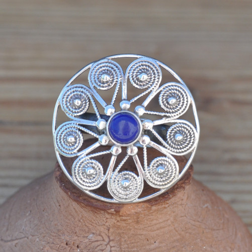 Bague ronde argent ajourée pierre Lapis lazuli (bleu)