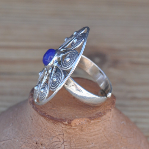 Bague ronde argent ajourée pierre Lapis lazuli (bleu) T59