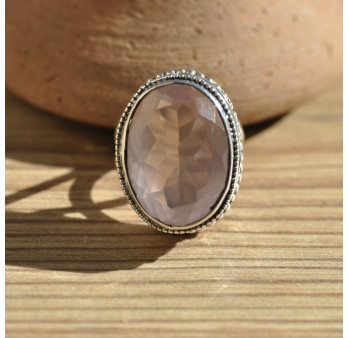 Magnifique bague argent ciselé pierre ovale facettée en Quartz rose T54