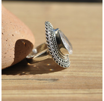Bague ethnique argent et pierre goutte en Quartz rose facettée T51/56