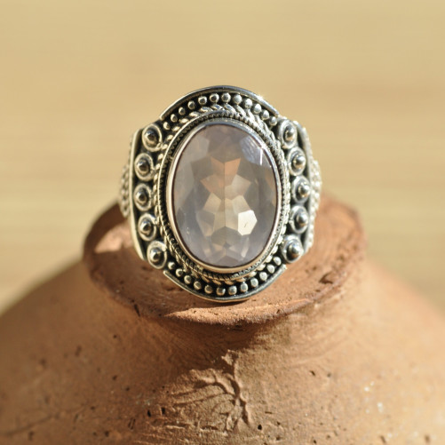 Jolie bague en argent et pierre naturelle Quartz rose T55