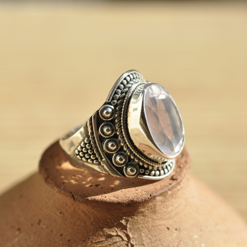 Bague ethnique en argent et pierre naturelle Quartz rose T55