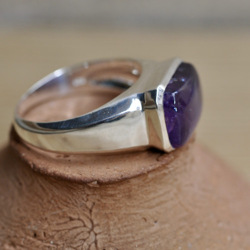 Bague chevalière mixte argent et améthyste rectangulaire (violet) T62