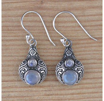 NEW ! Boucles d'oreilles argent ciselé et 2 Pierres de lune (blanc)