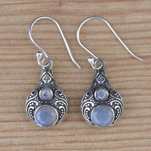 NEW ! Boucles d'oreilles argent ciselé et 2 Pierres de lune (blanc)