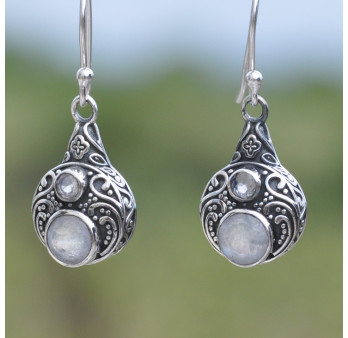 Boucles d'oreilles argent ciselé et 2 Pierres de lune (blanc)