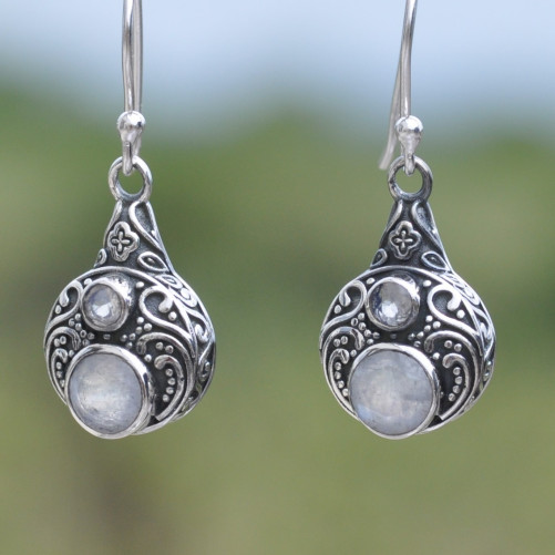 Boucles d'oreilles argent ciselé et 2 Pierres de lune (blanc)