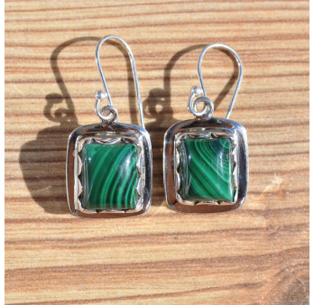 NEW! Boucles d'oreilles rectangulaires pierre Malachite couronnée argent
