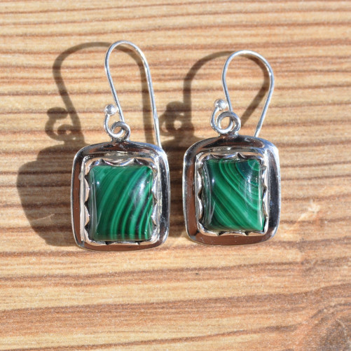 NEW! Boucles d'oreilles rectangulaires pierre Malachite couronnée argent