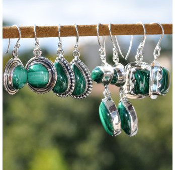 Boucles d'oreilles rectangulaires pierre Malachite couronnée argent