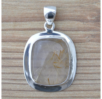 Pendentif rectangulaire argent lisse et pierre en Quartz rutile