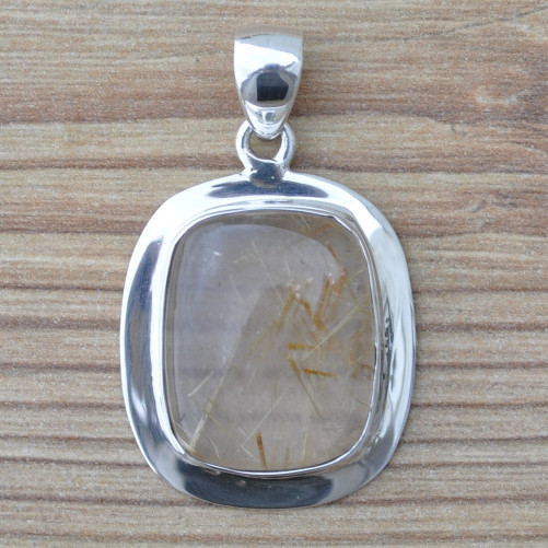 Pendentif rectangulaire argent lisse et pierre en Quartz rutile