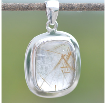 Pendentif rectangulaire argent lisse et pierre en Quartz rutile