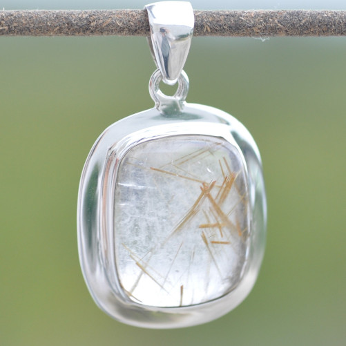 Pendentif rectangulaire argent lisse et pierre en Quartz rutile
