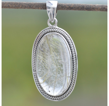 Pendentif ovale argent ciselé et Quartz rutile