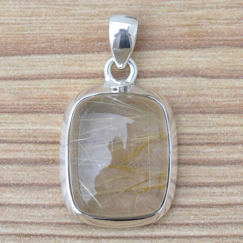 Pendentif rectangulaire bombé argent et pierre Quartz rutile Pendentif rectangulaire bombé argent et pierre Quartz rutile
